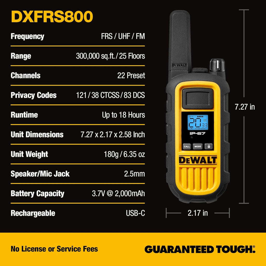 DEWALT DXFRS800 FRS Walkie Talkies, Long Range 2 Way Radio, 2W, IP67 Waterproof, 6 Pack with Gang Charger, DXFRS800-BCH6