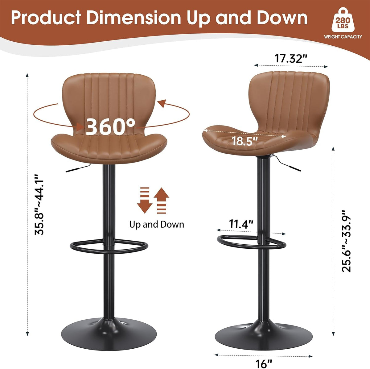 JAMFLY Bar Stools Set of 4, Leather Adjustable Barstools Counter Height Modern Bar Stools, Island Chairs Set of 4 for Kitchen, Brown