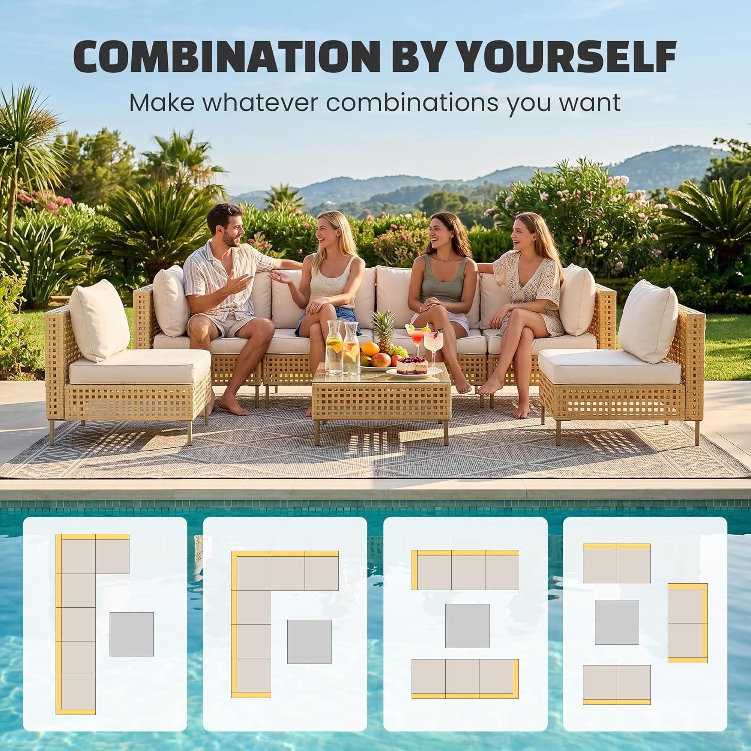 LHBcraft 7-Piece Wicker Outdoor Patio Furniture Set, Modular Rattan Outdoor Furniture, Patio Conversation Sets, Handmade Rattan, Water Resistant Fluffy Cushions and Coffee Table, Beige