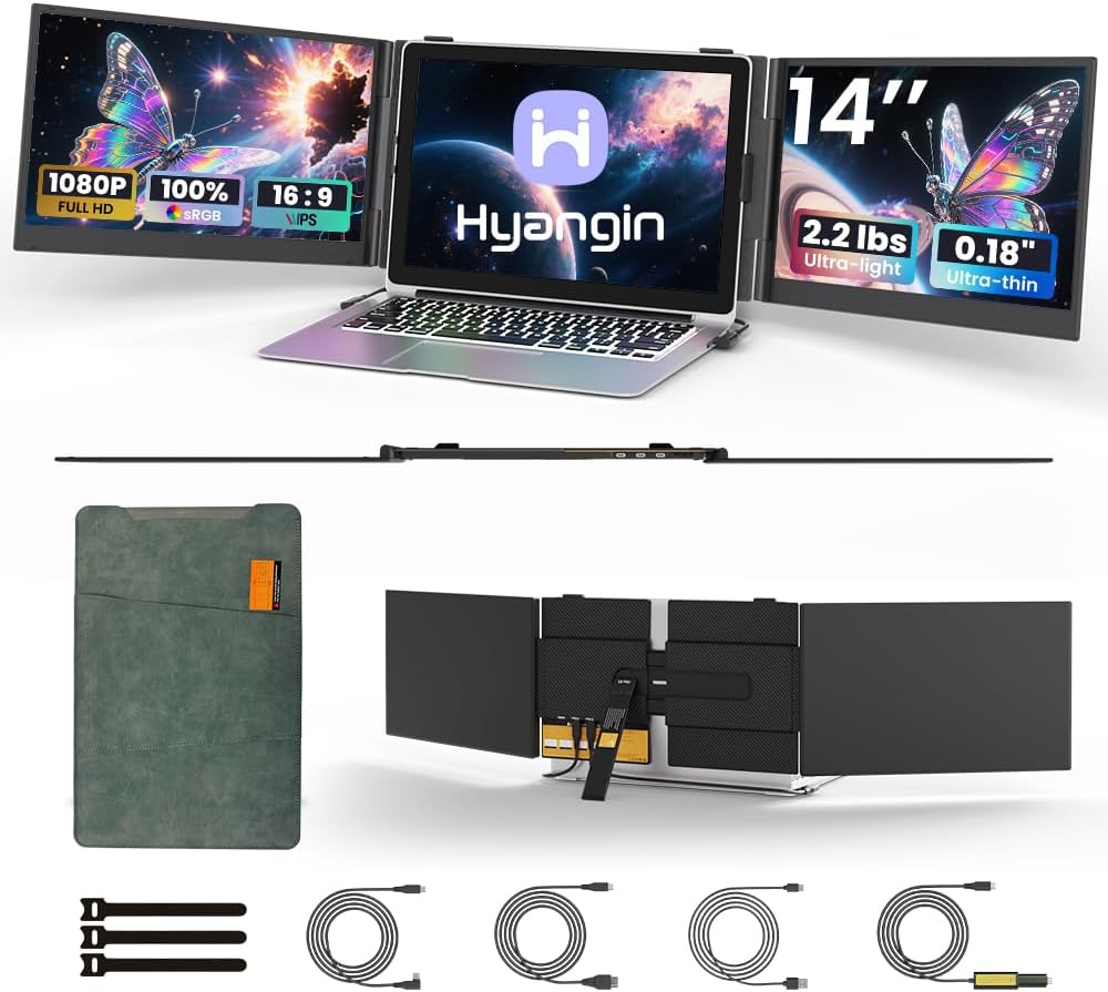 Hyangin Triple Laptop Screen Extender 14-inch, 2026 Upgraded Ultra-Slim 1080P FHD Displays for Laptop, Ultra-Light Triple Monitor for 13.3-17.3" Laptops, Compatible with Windows/Mac/Chrome OS/Phones
