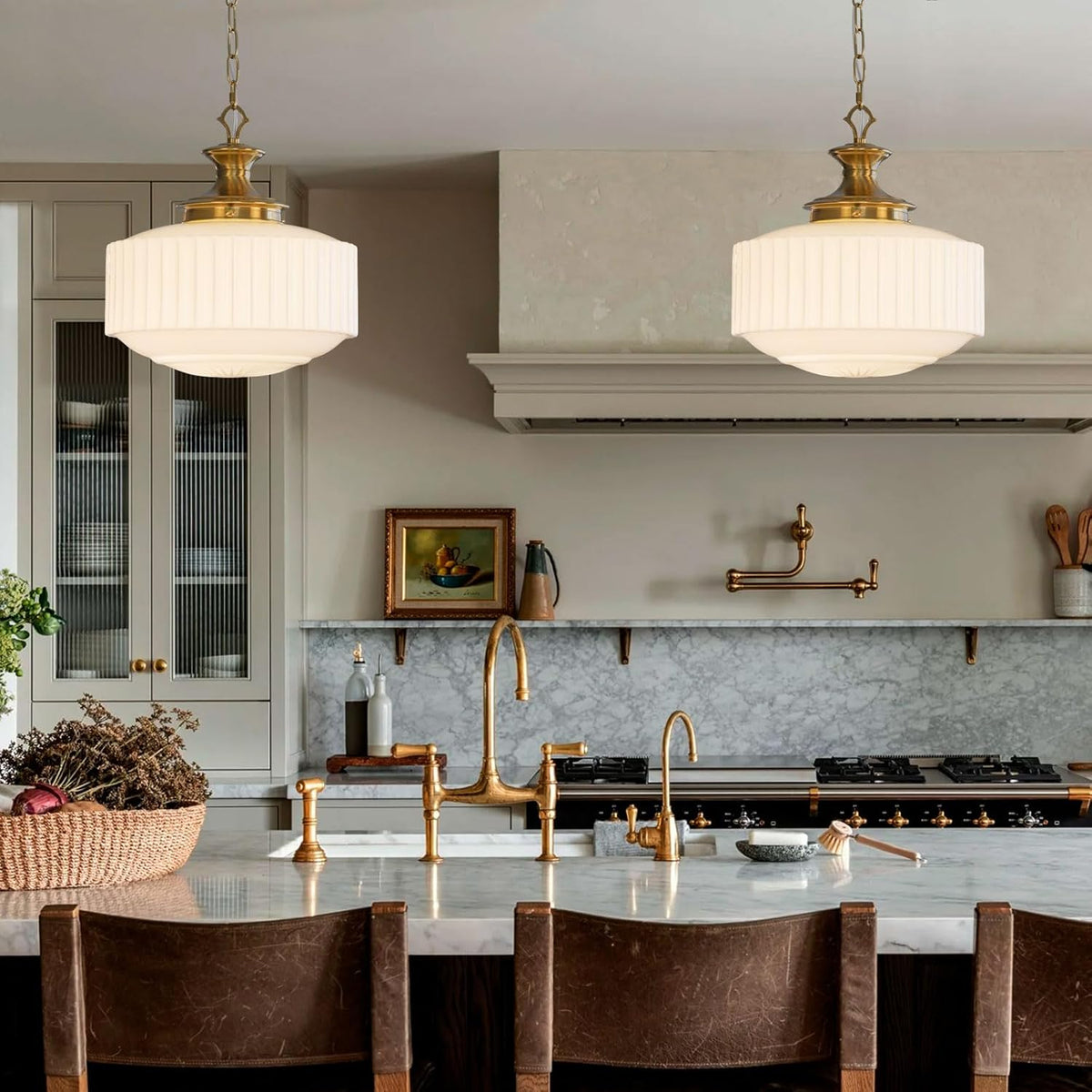 Vintage Brass Milk Glass Pendant Light Fixture, 13.8" White Pleated Glass Chandelier, Antique Pendant Lights, for Kitchen Island Lighting, Hallway, Bedroom, Dining Room, Foyer, E26 Bulb Included