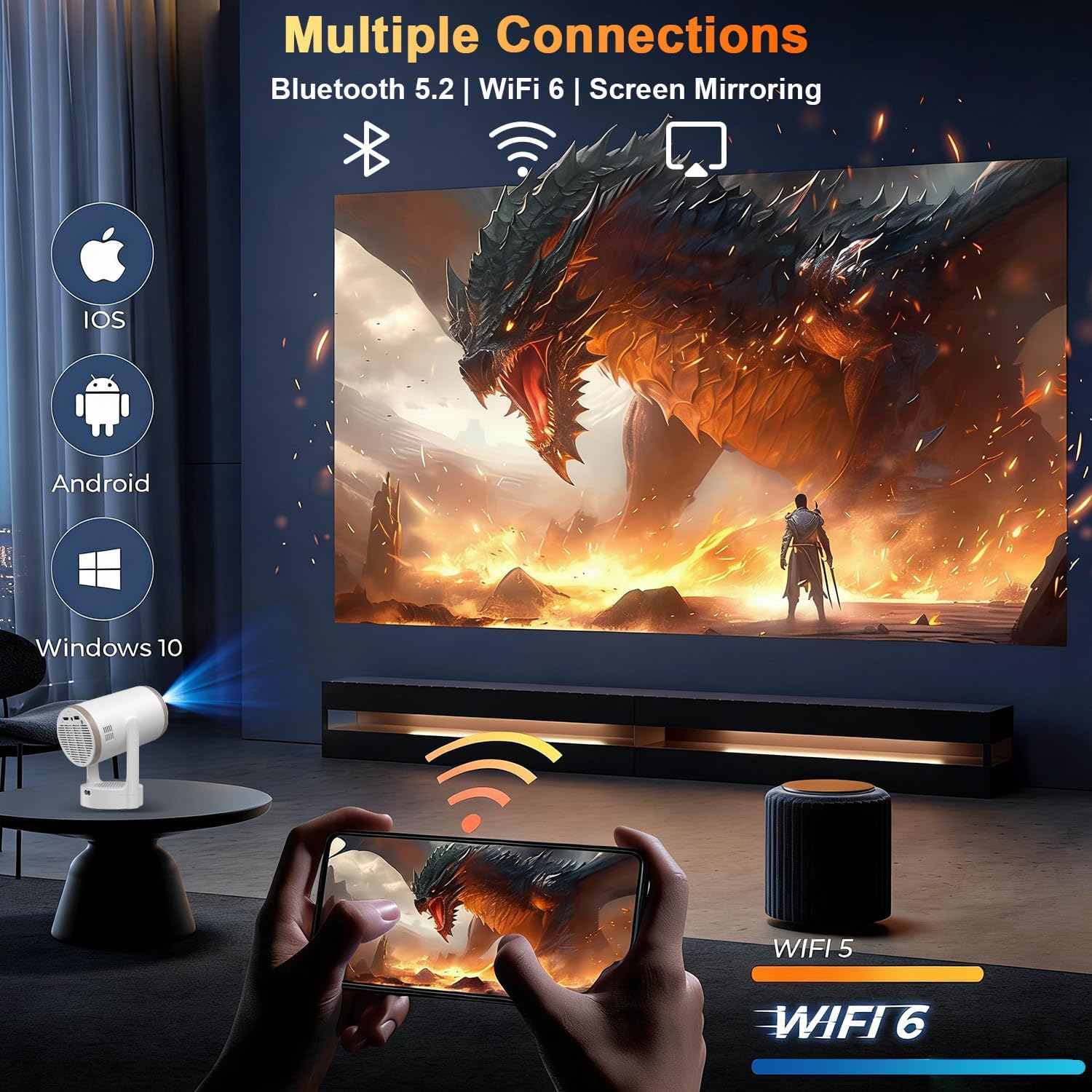 Built-in Apps 2-in-1 Portable Projector & LED Night Light, Smart Projector with WiFi and Bluetooth, Supports 4K/1080P, Electric Focus/Enhanced Speaker, Home Movie Projector for Bedroom