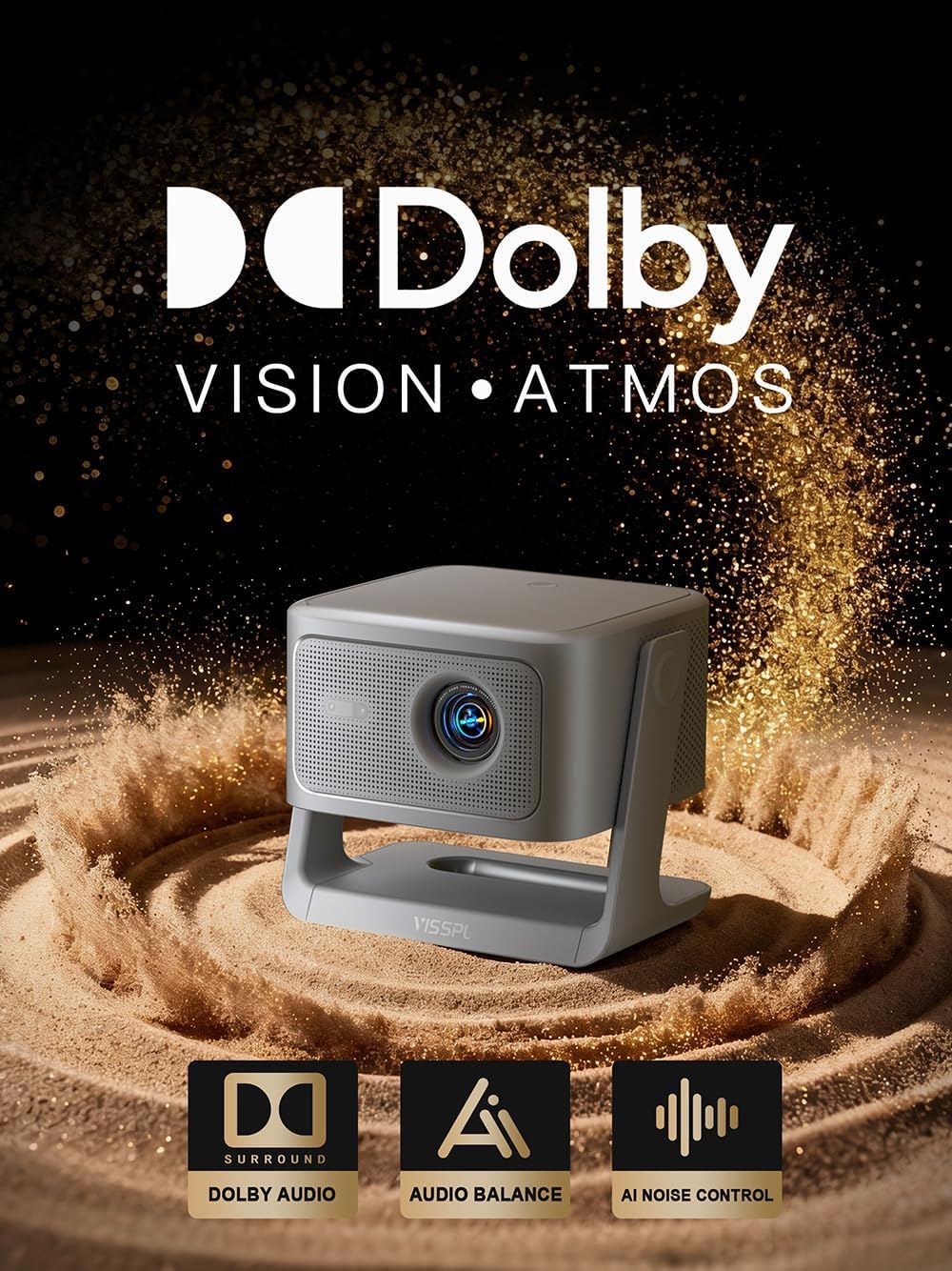 【Netflix Included & 2200ANSI】Smart 4K Projector with WiFi and Bluetooth, VISSPL 3D Dolby Audio and Auto Focus Portable Outdoor Projector, Movie Home Theater Projectors for Bedroom/Ceiling
