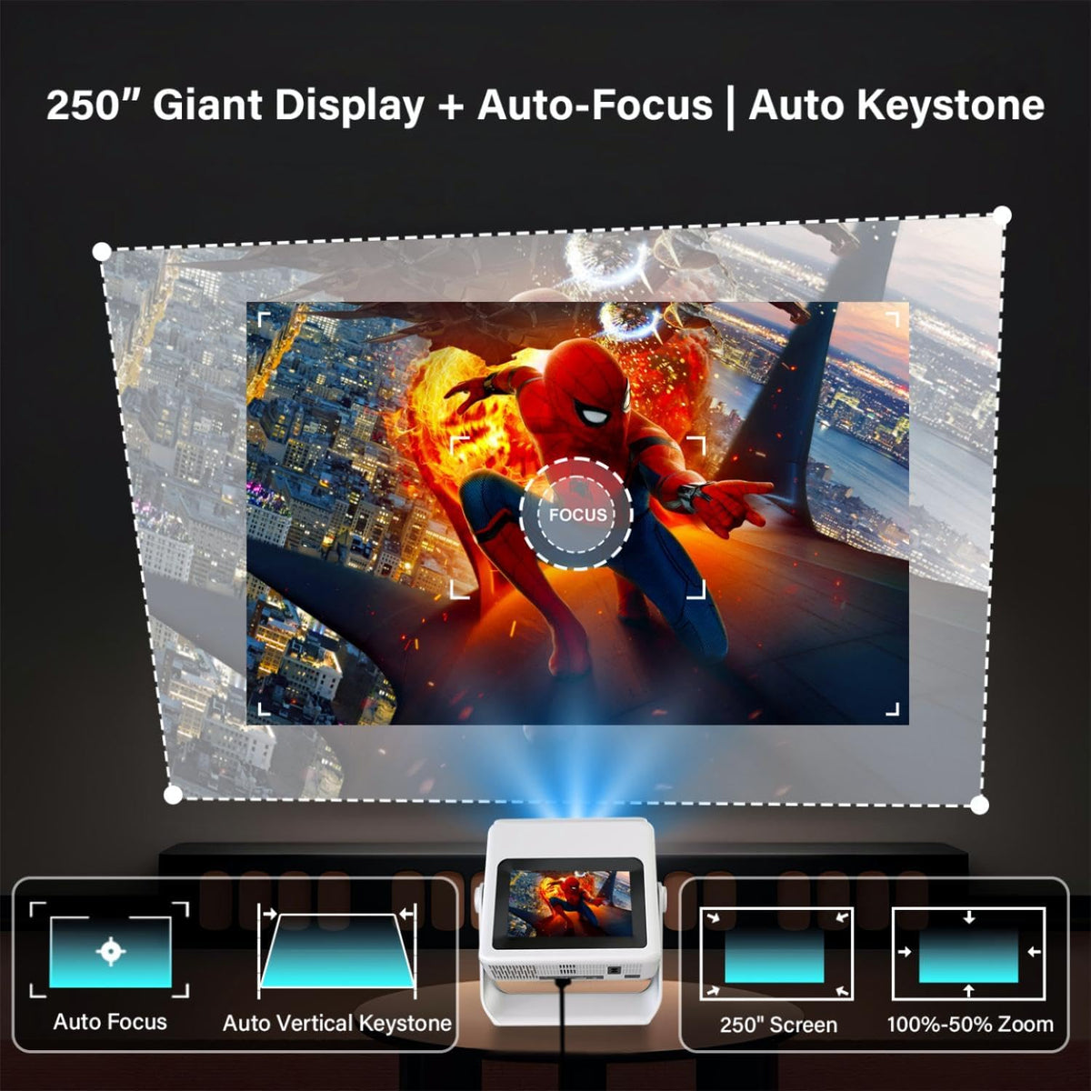 4K Support Native 1080P Touch Screen Projector with WiFi Bluetooth, Auto Focus Smart Portable Game Projector, Built-in Apps Mini Outdoor Movie Projector for Bedroom Home Theater