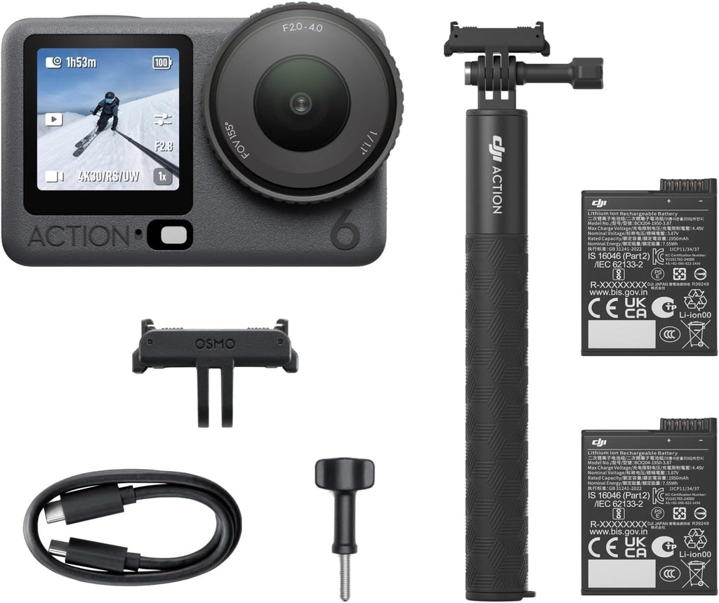 DJI Osmo Action 6 Capture More Combo, 8K Waterproof Action Camera with 1/1.1" Square Sensor, Variable Aperture of f/2.0–f/4.0, Extended Battery Life with 2 Batteries, 1.5m Extension Rod
