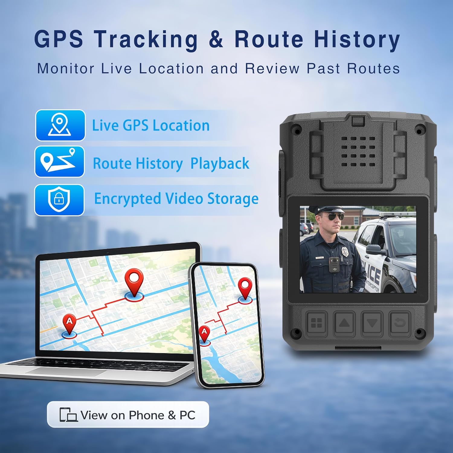 1440P 4G GPS Body Camera, SIM Card Included, 17H Record Time, 3600mAH Battery, 128G Memory Audio Video Recording and Intercome Body-Worn Camera, Data-encrypt for Security, Work, Guard