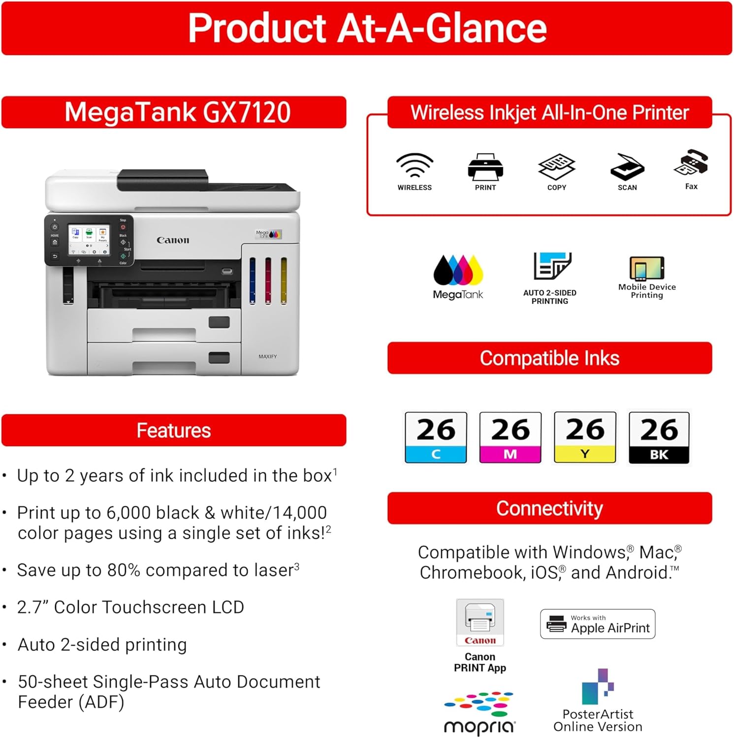 Canon Megatank GX6120 Wireless All-in-One Printer, Print, Scan and Copy, with 2.7" LCD Touch Screen and Auto Document Feeder, White