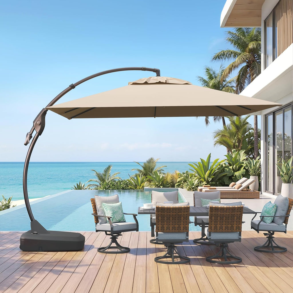 Grand patio Sunbrella 10x10 FT Cantilever Umbrella with Base Included Patio Square Aluminum Offset Umbrellas for Outdoor Pool (Flax, 10X10 FT-SUNBRELLA)