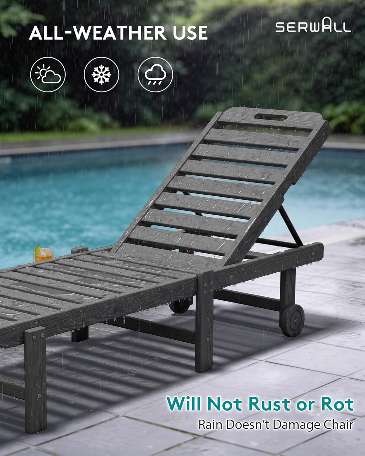 SERWALL Outdoor Chaise Lounge Set of 2, All-Weather HDPE Pool Lounge Chairs with 5-Position Adjustable Reclining Backrest, Rolling Wheels & Cup Holder for Poolside, Grey