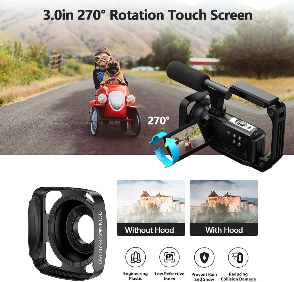 Camcorder Video Camera 5K 56MP Vlogging Camera for YouTube with 3" 270° Flip Touchscreen, Night Vision, WiFi, Webcam, Microphone, 64GB Card, Batteries, Remote, Tripod - Beginner Content Creator Kit
