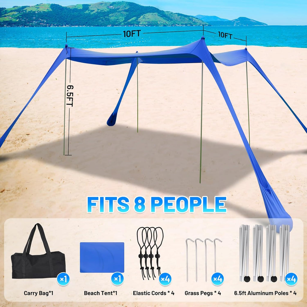 Family Beach Tent Canopy Sun Shade, Pop Up Grande Beach Tent Sun Shelter Stability 4 Poles with Portable Carry Bag Outdoor Shade for Fishing Backyard Camping