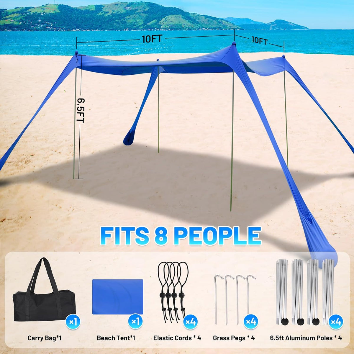 Family Beach Tent Canopy Sun Shade, Pop Up Grande Beach Tent Sun Shelter Stability 4 Poles with Portable Carry Bag Outdoor Shade for Fishing Backyard Camping