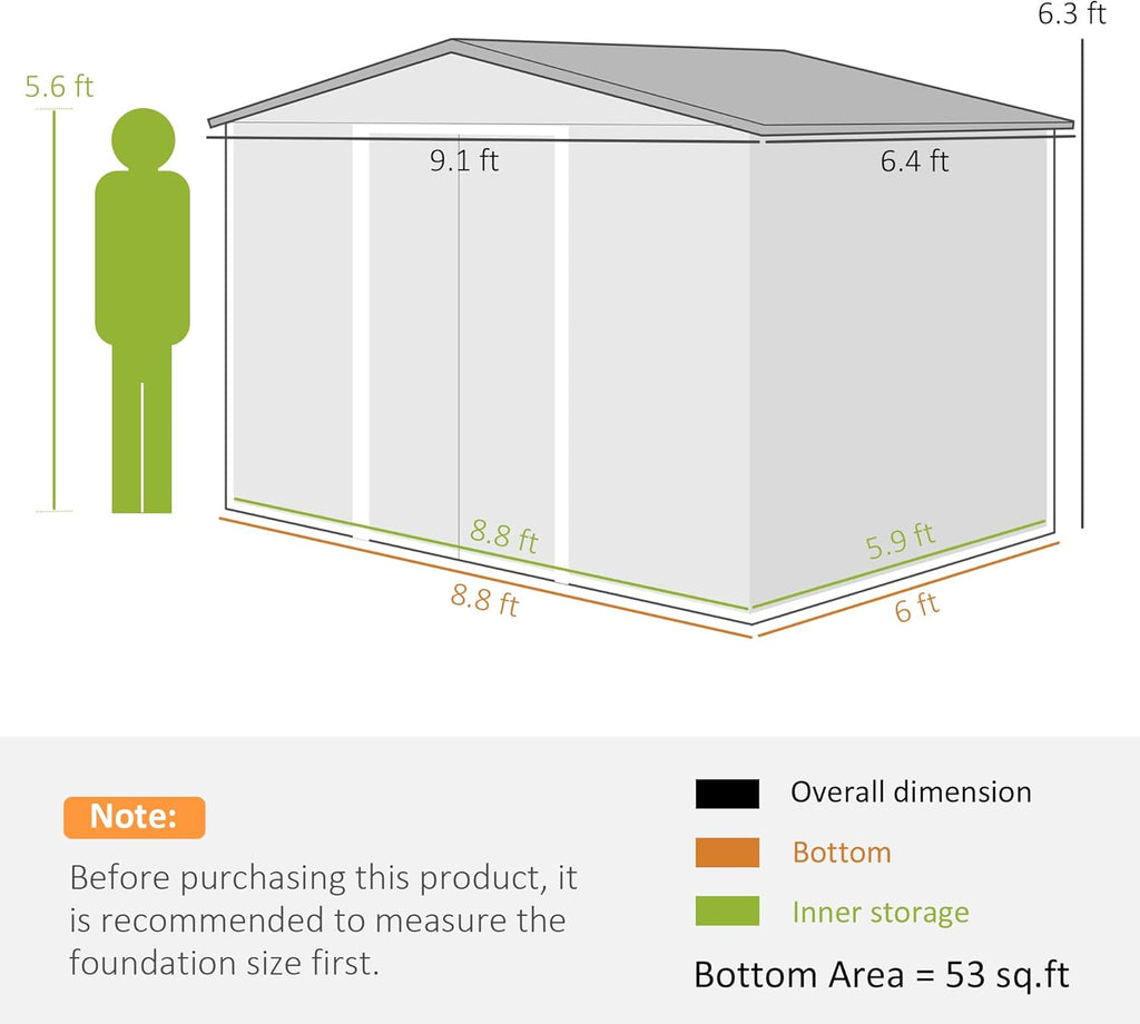 Outsunny 9' x 6' Outdoor Storage Shed, Garden Tool Metal Shed with Foundation Kit, Double Lockable Door, Air Vents and Sloping Roof, for Backyard, Patio, Lawn, Light Gray