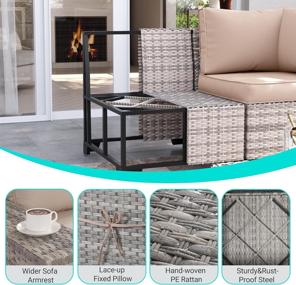 6-Piece Outdoor Patio Furniture Set Wicker Sectional Sofa Set, Patio Conversation Set with Thickened Cushions & Coffee Table for Garden, Backyard, Poolside, Beige