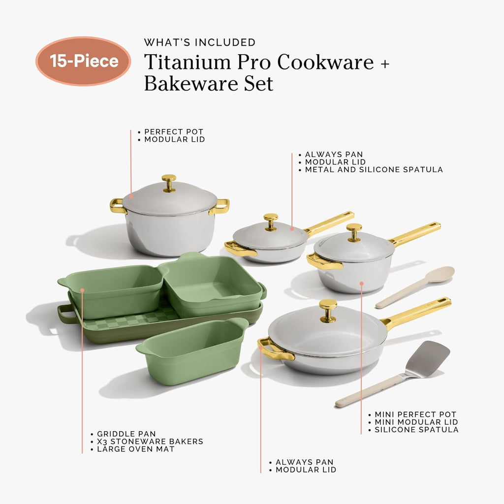 Our Place Titanium Pro Cookware & Bakeware Set | 15-Piece Non-toxic Nonstick Kitchenware with Titanium Always Pan Pro, Perfect Pot Pro, Minis & Ceramic Bakeware with Stovetop Griddle | Sage