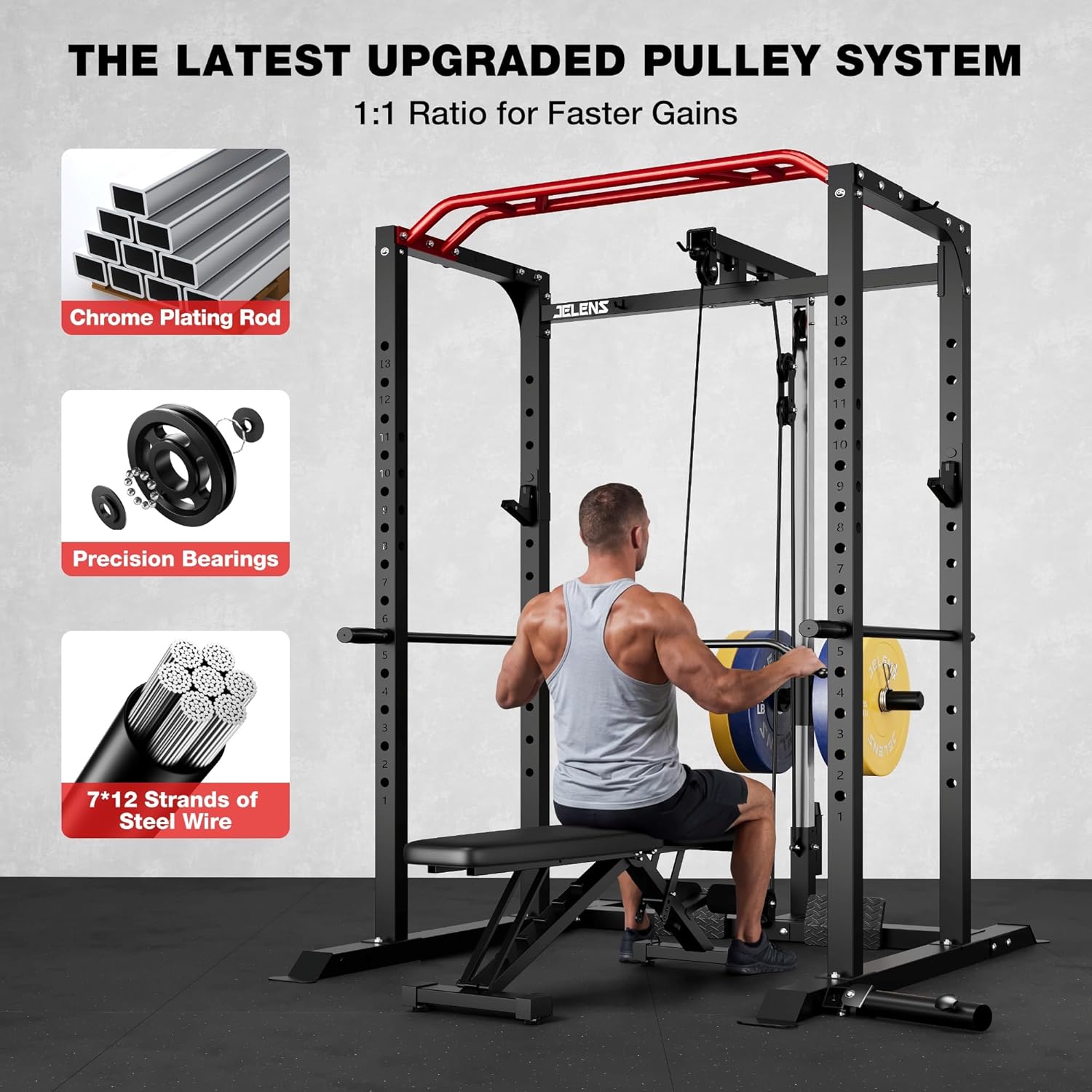 JELENS S11 Power Cage, 2000LB Multi-Function Power Rack with LAT Pulldown, Squat Rack with Adjustable Pulley System and Training Attachments, Weight Rack for Home Gym