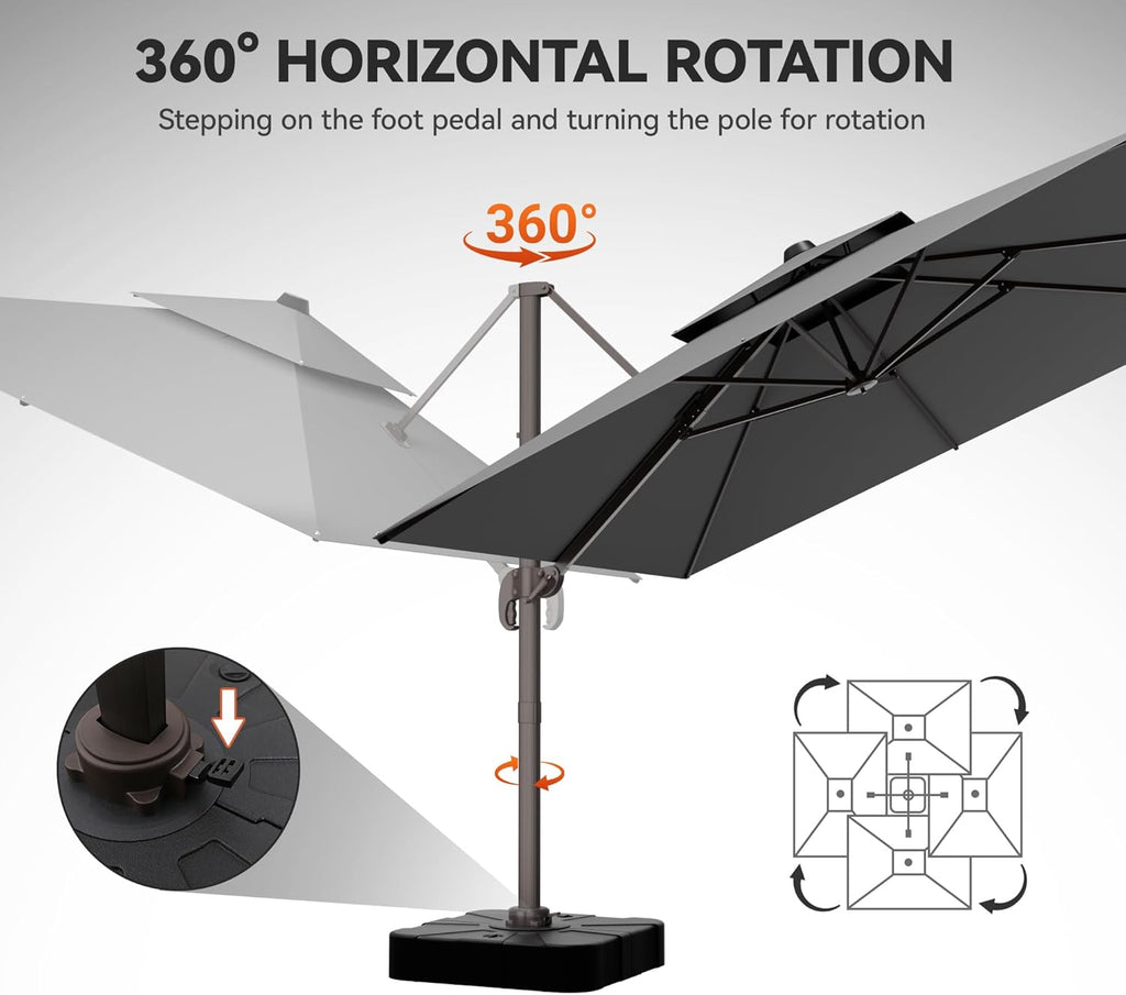 GENTEACO 10X10 FT Cantilever Umbrella with Base Included, Large Offset Patio Umbrella with Double Top, 6 Angle Tilts & 360° Rotation, Large Square Sun Umbrellas for Outdoor Pool Market, Grey
