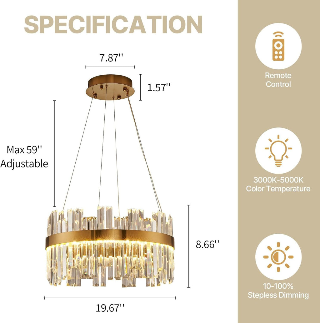 19.7'' Dimmable Modern LED Crystal Chandeliers,Gold Chandelier Light Fixture, 3 Colors Contemporary Pendant Ceiling Light for Dining Room Living Room Kitchen Island Entryway Foyer ,With Remote Control