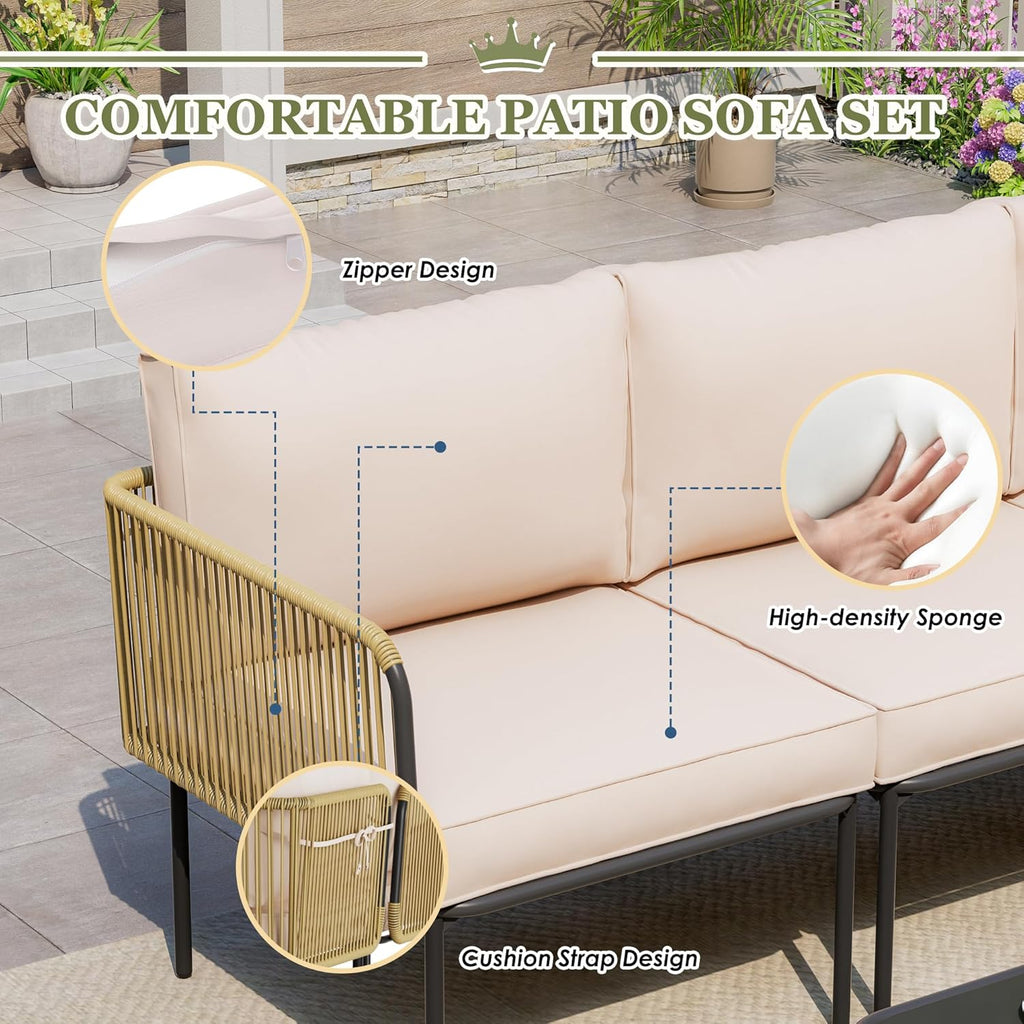 Patio Furniture Set, 5 Piece Outdoor Patio L-Shaped Conversation Set with Cushions and Table, All-Weather Rattan Woven Sectional Sofa for Backyard, Porch, Boho Detachable Lounger (Beige)