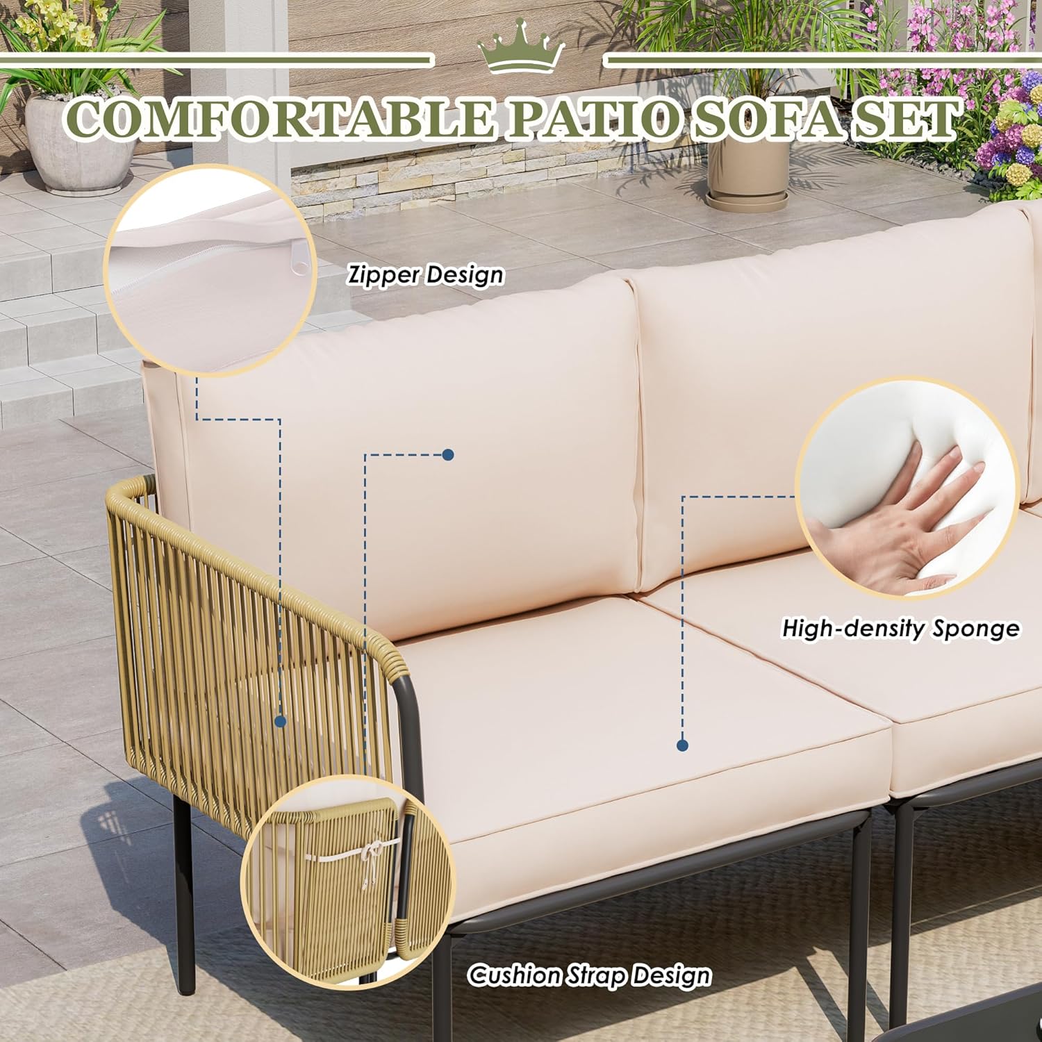 Patio Furniture Set, 5 Piece Outdoor Patio L-Shaped Conversation Set with Cushions and Table, All-Weather Rattan Woven Sectional Sofa for Backyard, Porch, Boho Detachable Lounger (Beige)
