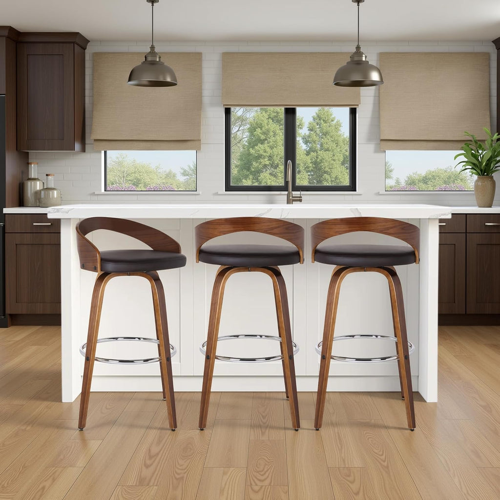 Armen Living Sonia 26" Counter Height Swivel Brown Faux Leather and Walnut Wood Bar Stool - Set of 2