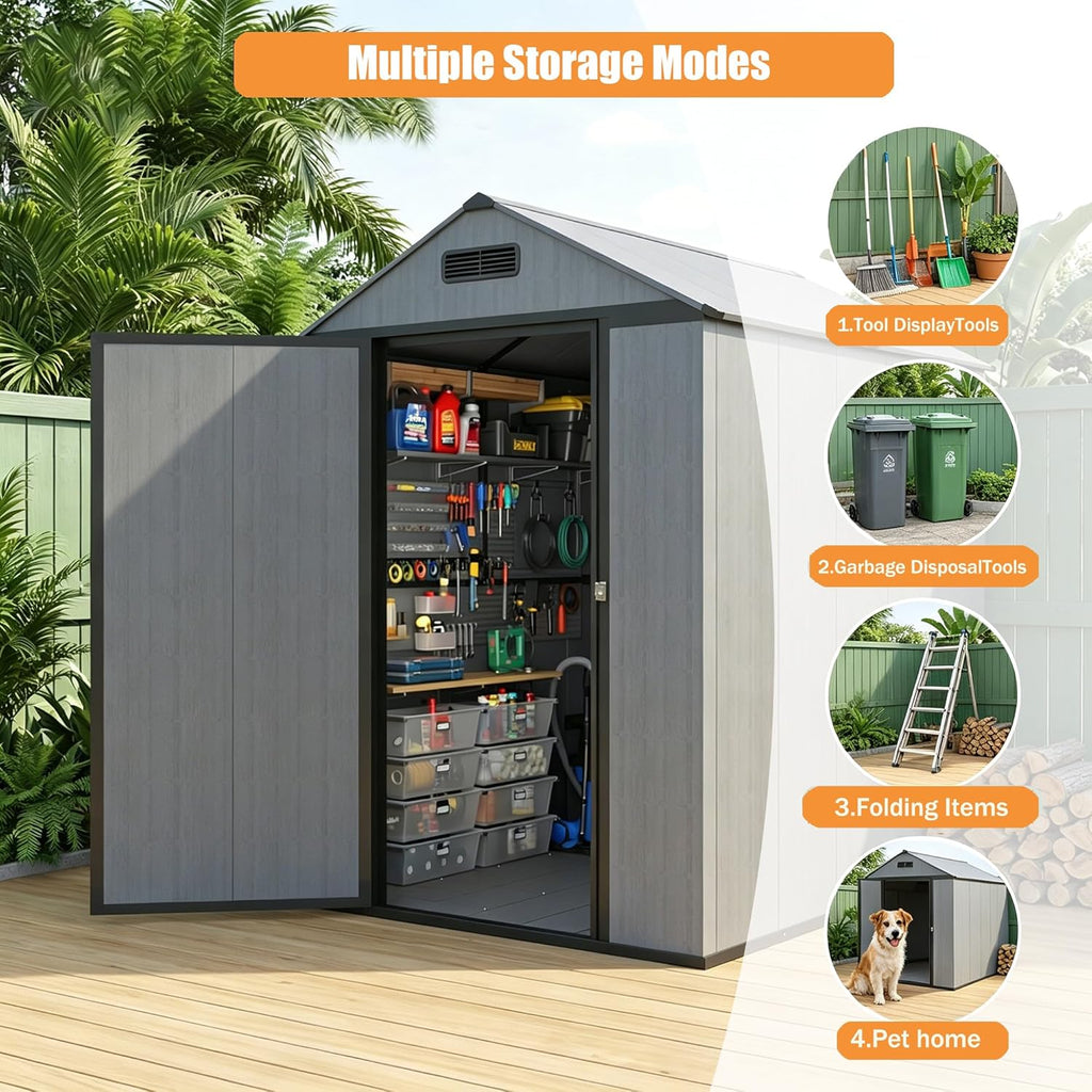 MNLR Resin Storage Shed 4x6 FT with Floor - Weatherproof Outdoor Plastic Tool Shed with Sloped Roof, Built-in Vents & Padlock-Ready Door, Small Garden Shed for Backyard Patio Lawn