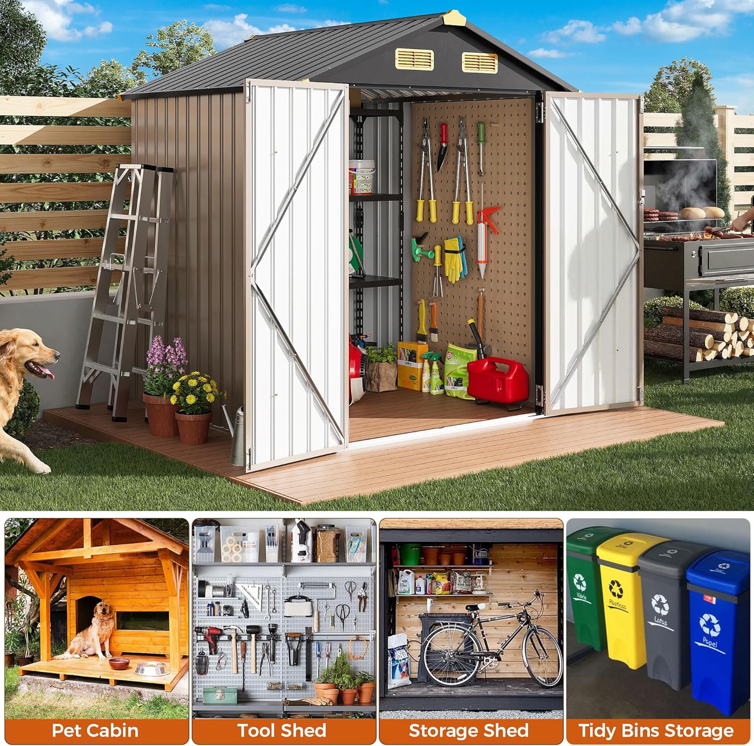 IRONCK 5.7x5.7FT Outdoor Storage Shed, Metal Garden Tool Shed with Breathable Vent and Lockable Doors, Outside Storage for Backyard, Poolside, Patio, Brown