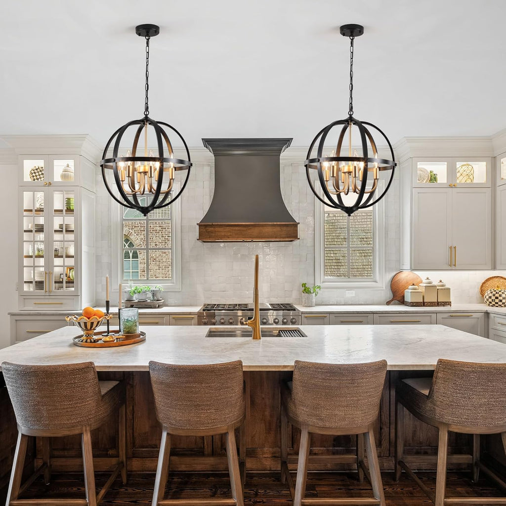 17.12'' Black and Gold Chandelier for Dining Room, 6-Light Modern Farmhouse Globe Chandelier, Metal Industrial Orb Pendant Light Adjustable Entryway Light Fixture for Kitchen Island Foyer