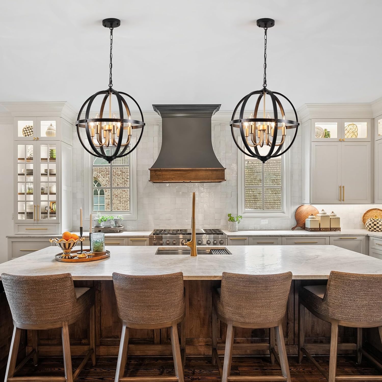 17.12'' Black and Gold Chandelier for Dining Room, 6-Light Modern Farmhouse Globe Chandelier, Metal Industrial Orb Pendant Light Adjustable Entryway Light Fixture for Kitchen Island Foyer