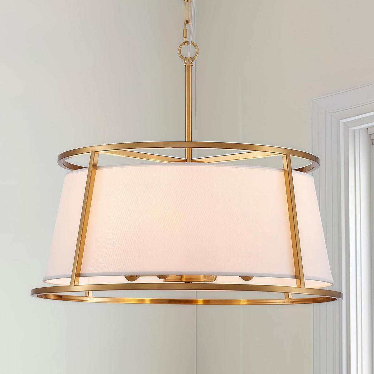 Shrine Lighting Drum Chandeliers, Modern Style, Perfect Pendant Light Fixture for Dining Room, Living Room, D20'' x H9'', Adjustable Chains 59'', E12*4 Sockets, White Lampshade & Brass Finish Frame
