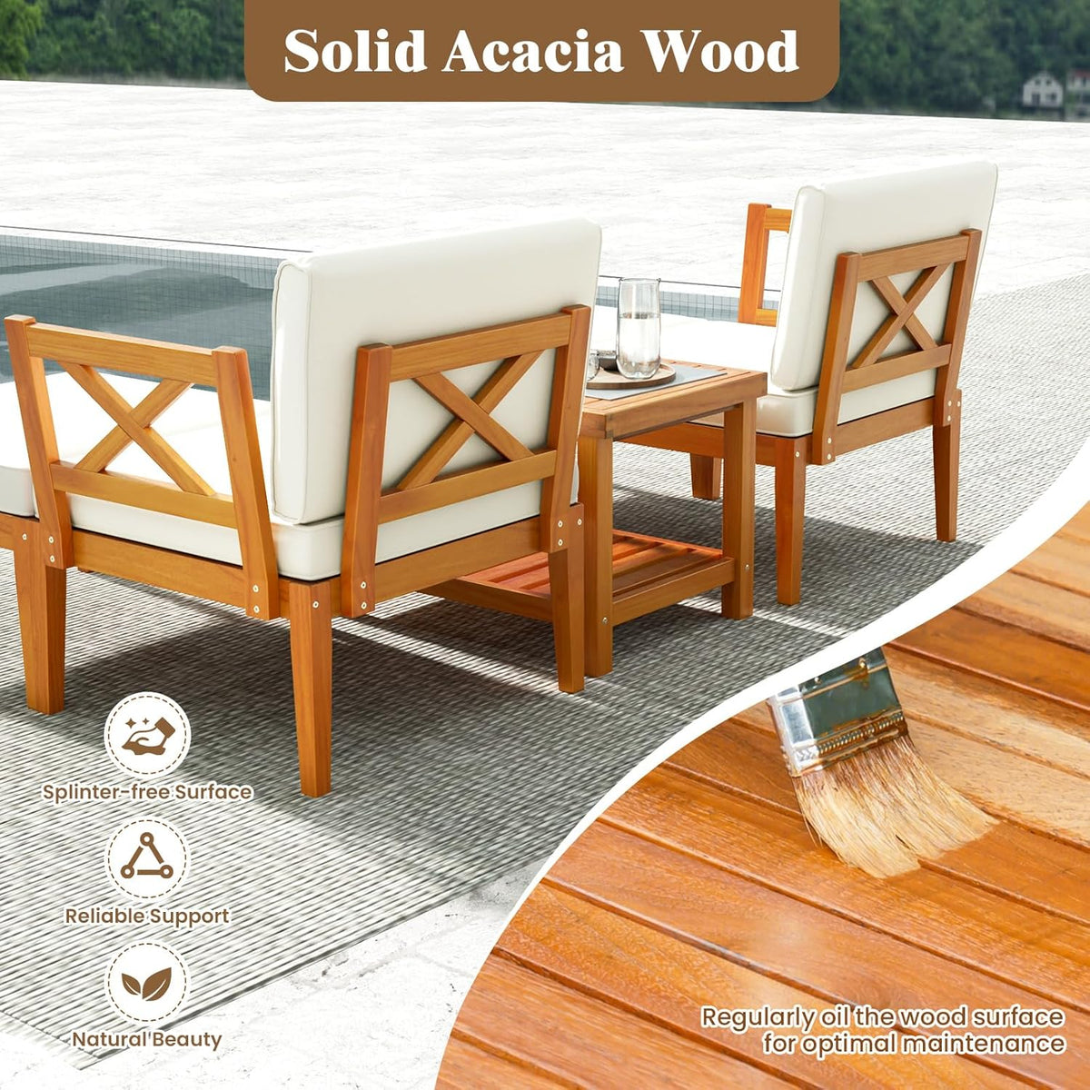 HAPPYGRILL 5 Pieces Acacia Wood Patio Chaise Lounge Chair Set with Ottoman, Outdoor Patio Furniture Set with Cushions and 2-Tier Coffee Table, Outdoor Sectional Conversation Sofa Set for Garden