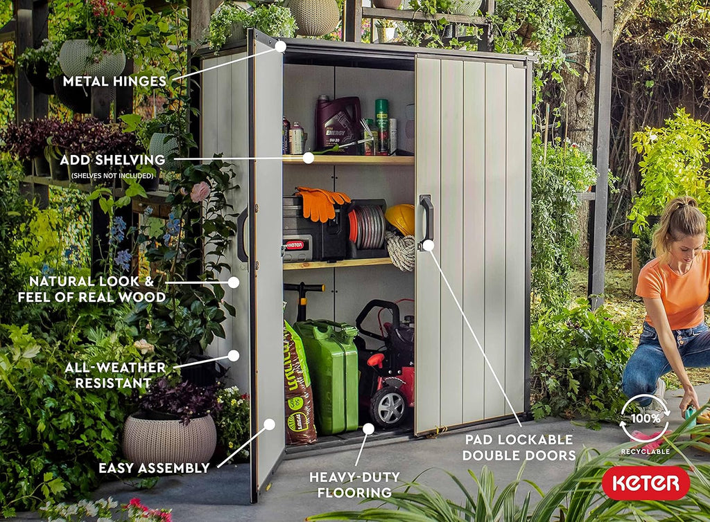 Keter Premier Tall 4.6x5.6 ft Resin Outdoor Storage Shed, Backyard Garden Shed with Shelving Brackets for Tools, Patio Furniture, Pool & Bike Storage, Grey & Black, 62 cu. ft Capacity