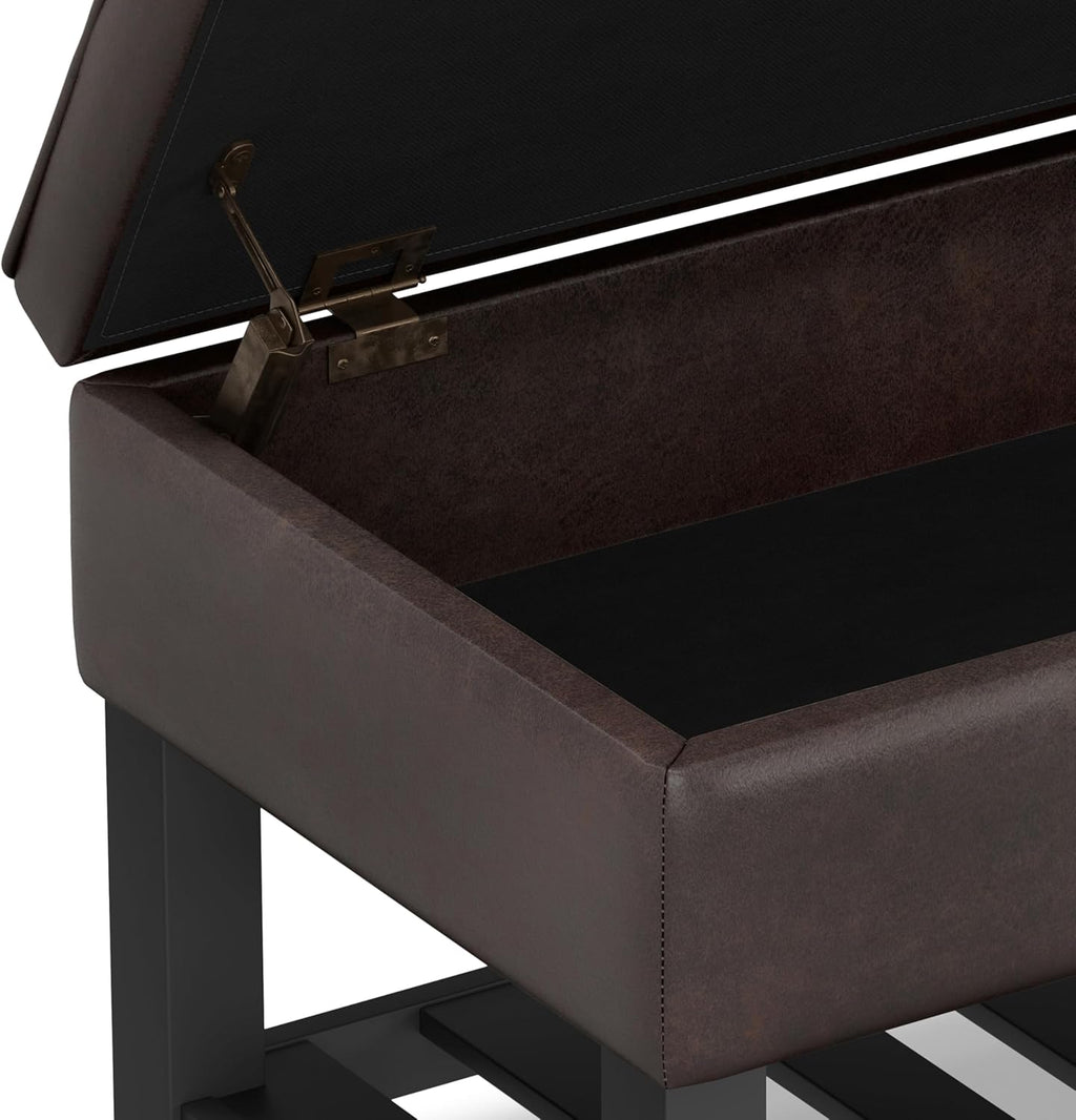 SIMPLIHOME Cosmopolitan Storage Ottoman Bench - 44 inch Wide Upholstered Vegan Leather Rectangle Storage Ottoman in Distressed Brown, Transitional Bench for Bedroom with Tufted Lift-Top and Open Shelf
