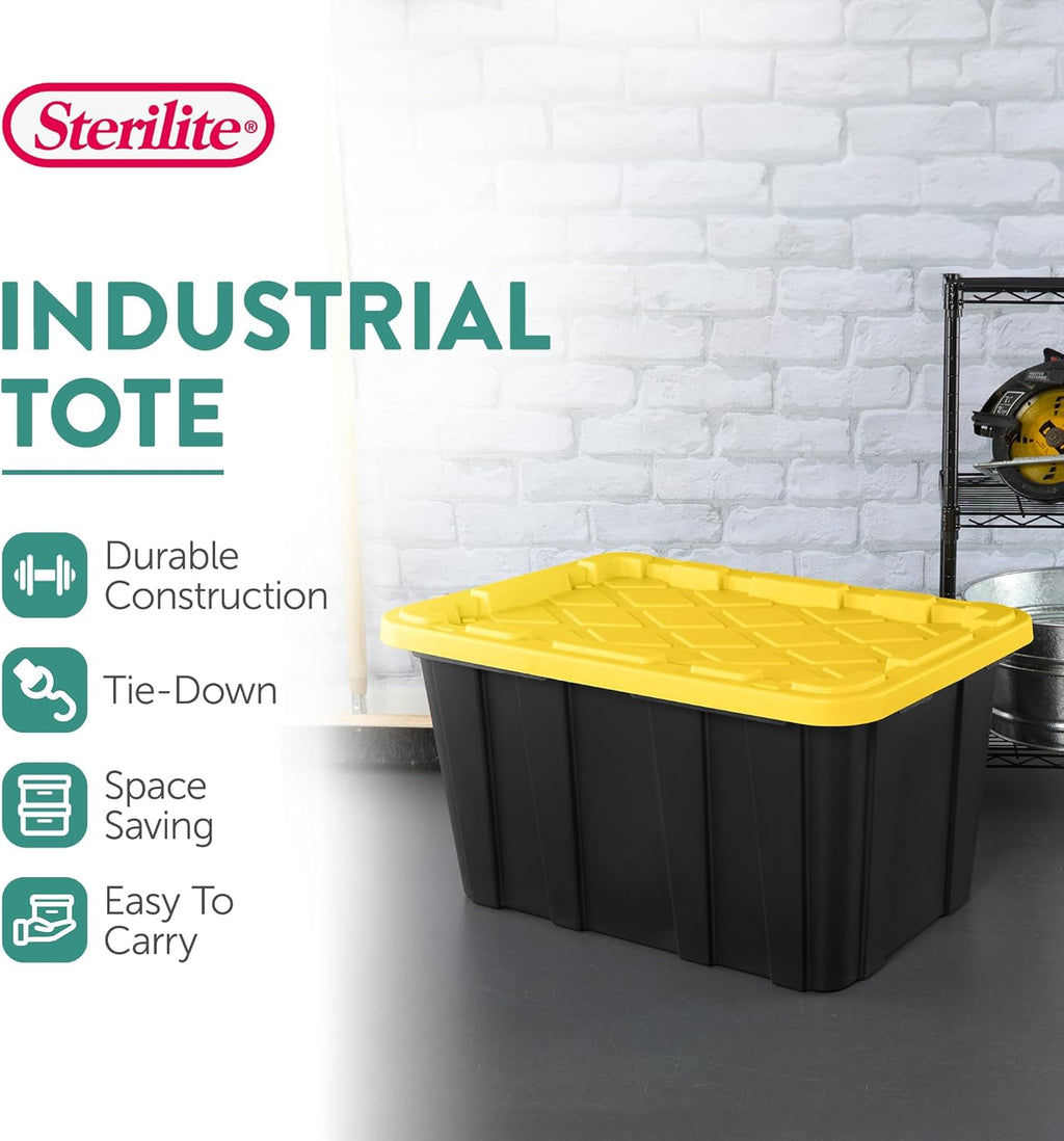 Sterilite 8-Pack 27 Gallon Industrial Storage Tote, Heavy-Duty Plastic Bins, Black/Yellow - Stackable Utility Organizers with Lids for Garage, Camping Tools, and Outdoor Gear