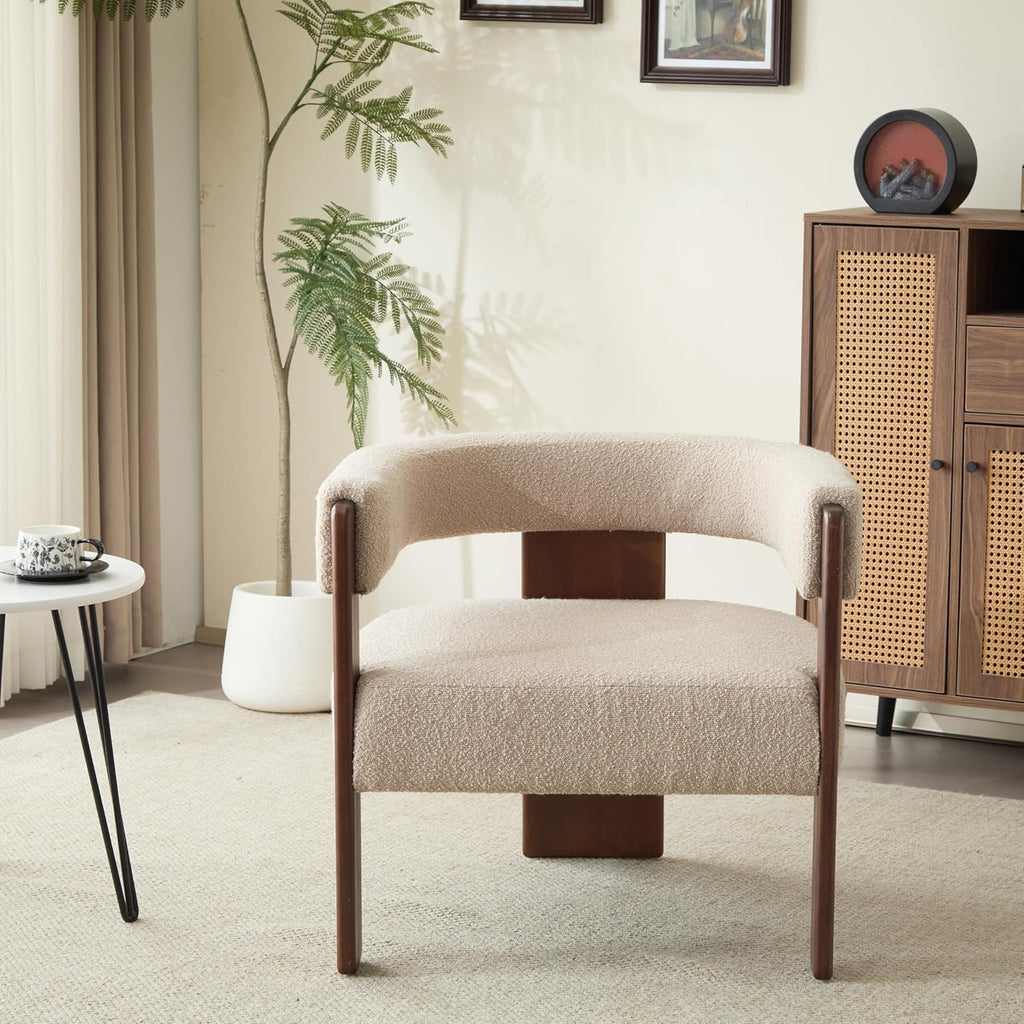 Christopher Knight Home Nettie Modern Accent Chair for Living Room, Boucle Fabric Single Lounge Sofa Chair with Wooden Frame, Comfy Reading Chair for Bedroom, Lounge Armchair with Cushion, Dark Beige