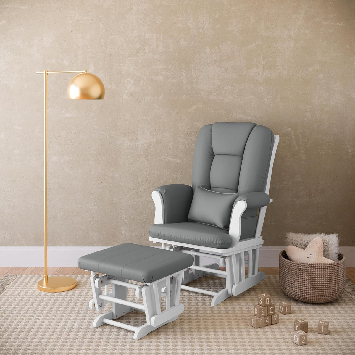 Storkcraft Tuscany Custom Glider and Ottoman with Free Lumbar Pillow (White/Grey) - Cleanable Upholstered Comfort Rocking Nursery Chair with Ottoman