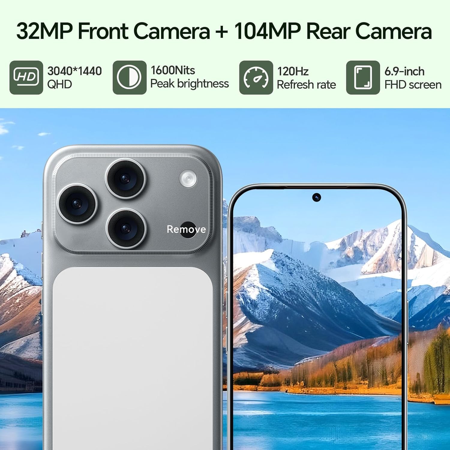 Unlocked Phones, IK17 Android 15 Smartphone, Cell Phones with 5000mAh Battery, Snapdragon 888, 16GB RAM+512GB ROM, 104MP+32MP Camera, 6.9" QHD+ 3040×1440 Screen, 5G/Dual SIM/GPS/WiFi