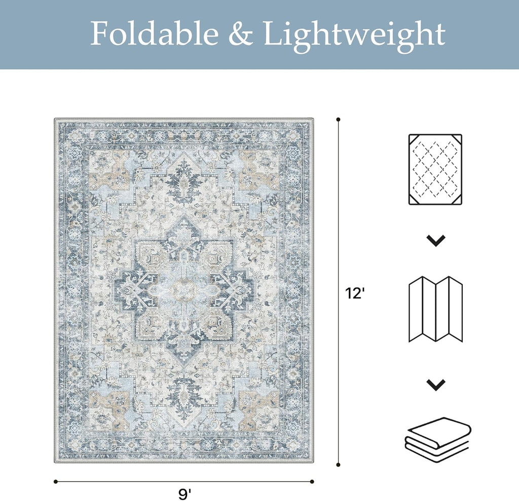 GENIMO Outdoor & Indoor Area Rug 9'x12', Waterproof, Non-Shedding, Easy Cleaning, Boho Mat for Patio, Living Room, Balcony, Dining Room, RV, Deck, Bedroom, Camping, Outside Carpet,Blue