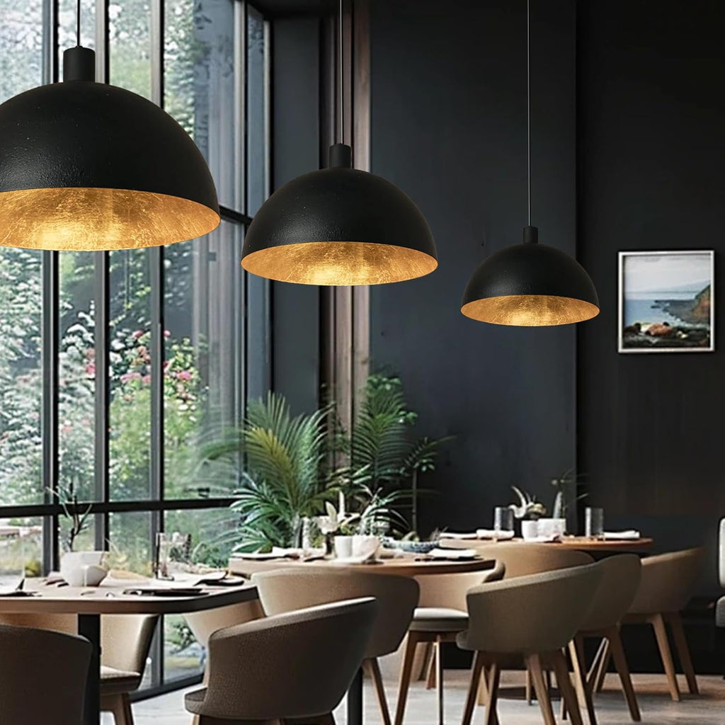15 Inch Black and Gold Leaf Pendant Light, Grainy Matte Black Dome Chandelier with Hand-Applied Gold Leaf Interior, E26 Socket for Kitchen Island, Dining Room, or Bar