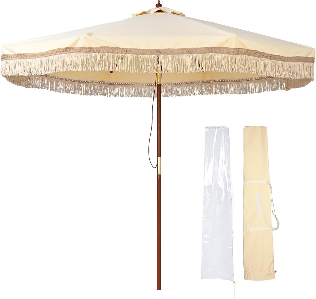 LAGarden Boho Market Wood Fringe Patio Umbrella with Carry Bag Tassels for Outdoor Event Garden Yard House Wedding Party Deck Poolside Sun Shade Parasol
