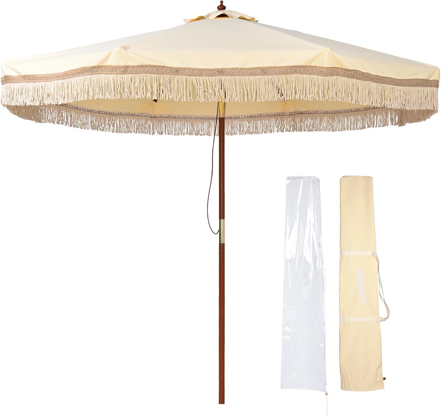 LAGarden Boho Market Wood Fringe Patio Umbrella with Carry Bag Tassels for Outdoor Event Garden Yard House Wedding Party Deck Poolside Sun Shade Parasol