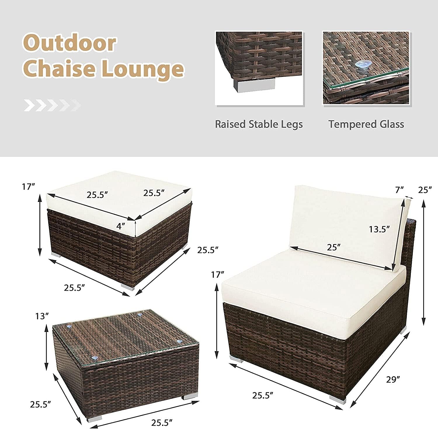 HAPPYGRILL 5 Pieces Chaise Lounge Set with Ottoman & Coffee Table Outdoor Rattan Wicker Lounge Chair Daybed Conversation Sofa Set with Cushions for Garden Balcony Poolside Backyard