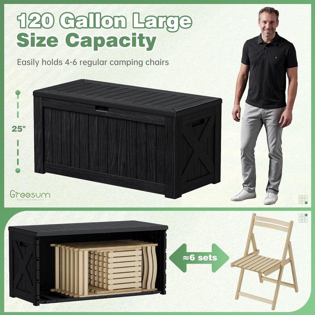 Greesum Outdoor Storage Box 120 Gallon Storage Bin with Lid for Patio Furniture, Garden Tools, Pool Supplies, Lockable, Waterproof and UV Resistant, Black
