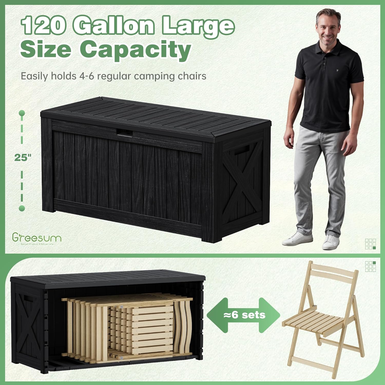Greesum Outdoor Storage Box 120 Gallon Storage Bin with Lid for Patio Furniture, Garden Tools, Pool Supplies, Lockable, Waterproof and UV Resistant, Black