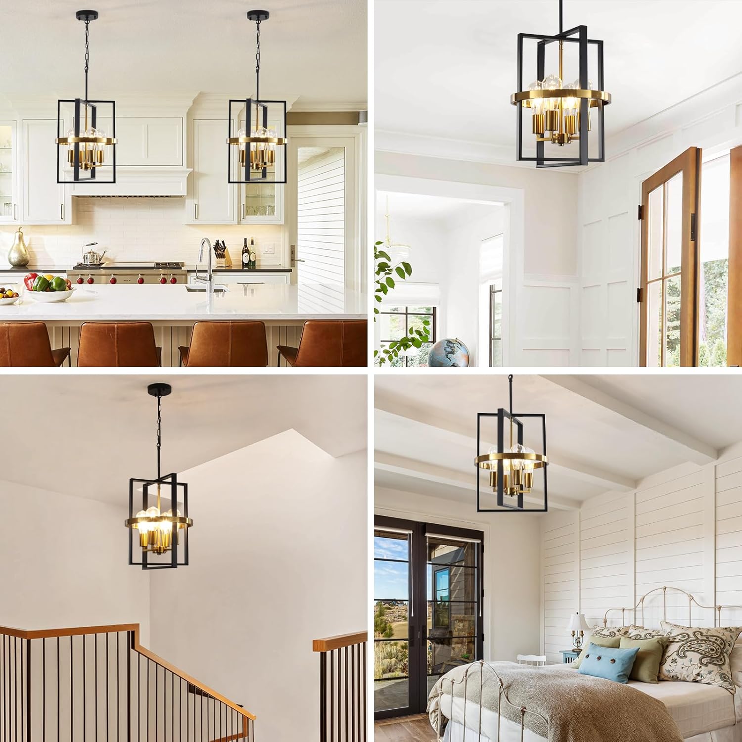 Small Black and Gold Chandelier for Dining Room, 4-Light Modern Pendant Lights Adjustable Geometric Industrial Rustic Foyer Lighting Fixtures for Entryway Living Room Kitchen Island Hallway