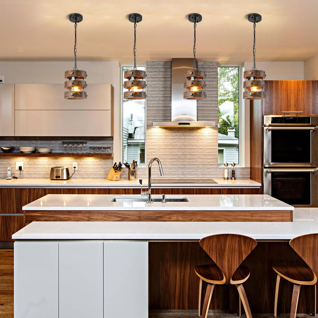 2pack Farmhouse Wood Pendant Lights Kitchen Island, Dining Room Lighting Fixtures Over Table Rustic Chandelier Height Adjustable Hallway Light for Foyer Living Room Bar Restaurant