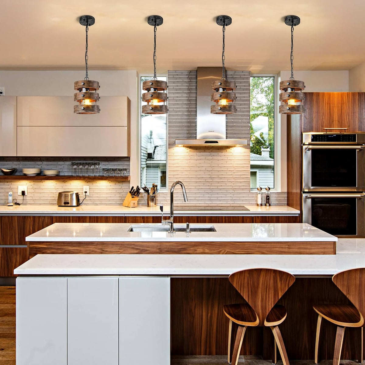 2pack Farmhouse Wood Pendant Lights Kitchen Island, Dining Room Lighting Fixtures Over Table Rustic Chandelier Height Adjustable Hallway Light for Foyer Living Room Bar Restaurant