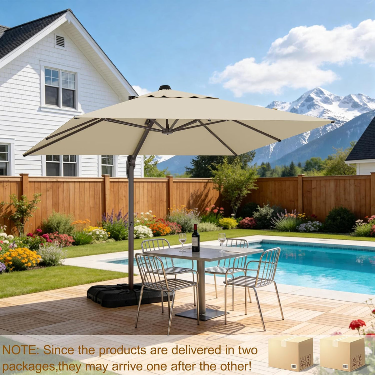 10' X 10' Patio Umbrella Cantilever Outdoor Rectangle Umbrella with Base Included, Heavy Duty 360°Rotation Offset Umbrella for Garden Deck Pool Patio, Beige