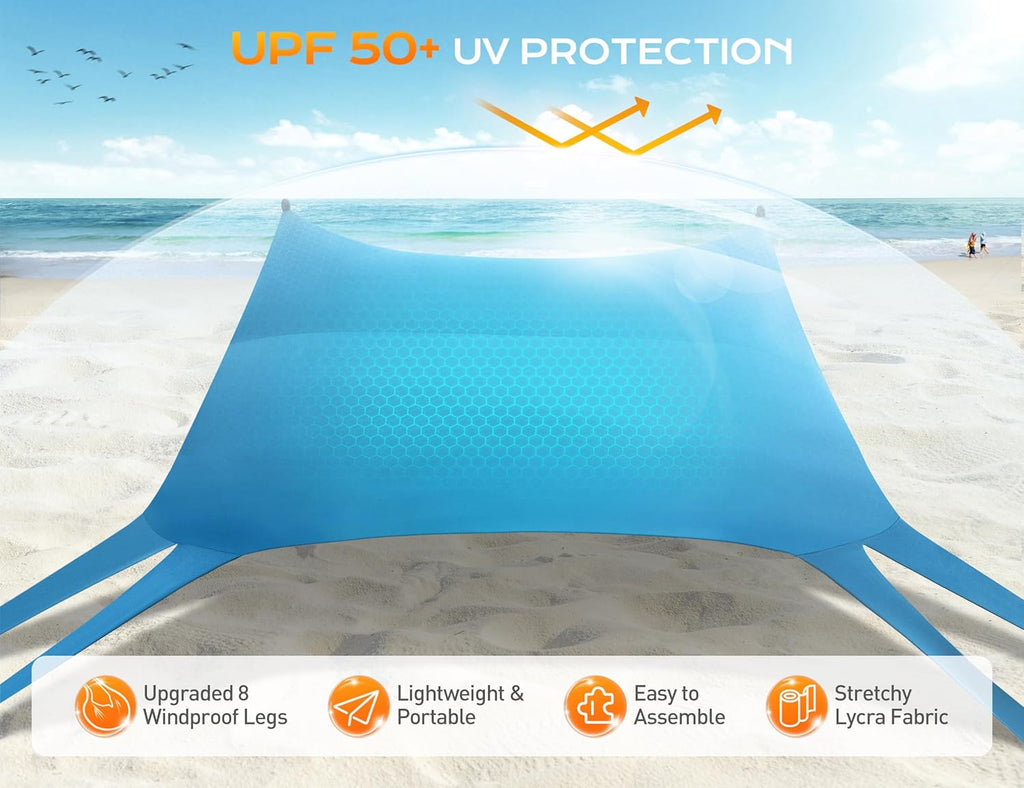 Rengue Beach Tent, Beach Canopy UPF50+ UV Protection, 10x10ft Beach Shade Sun Shelter with 8 Sandbags, Sand Shovels, Ground Pegs, Stability Poles for Camping, Fishing, Picnics, Backyard Fun, Sky Blue