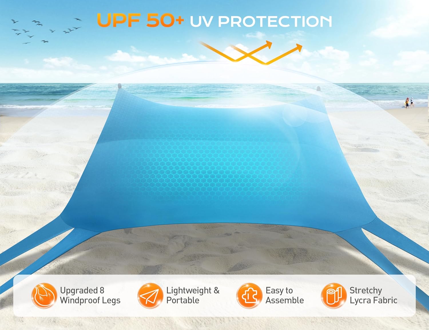 Rengue Beach Tent, Beach Canopy UPF50+ UV Protection, 10x10ft Beach Shade Sun Shelter with 8 Sandbags, Sand Shovels, Ground Pegs, Stability Poles for Camping, Fishing, Picnics, Backyard Fun, Sky Blue